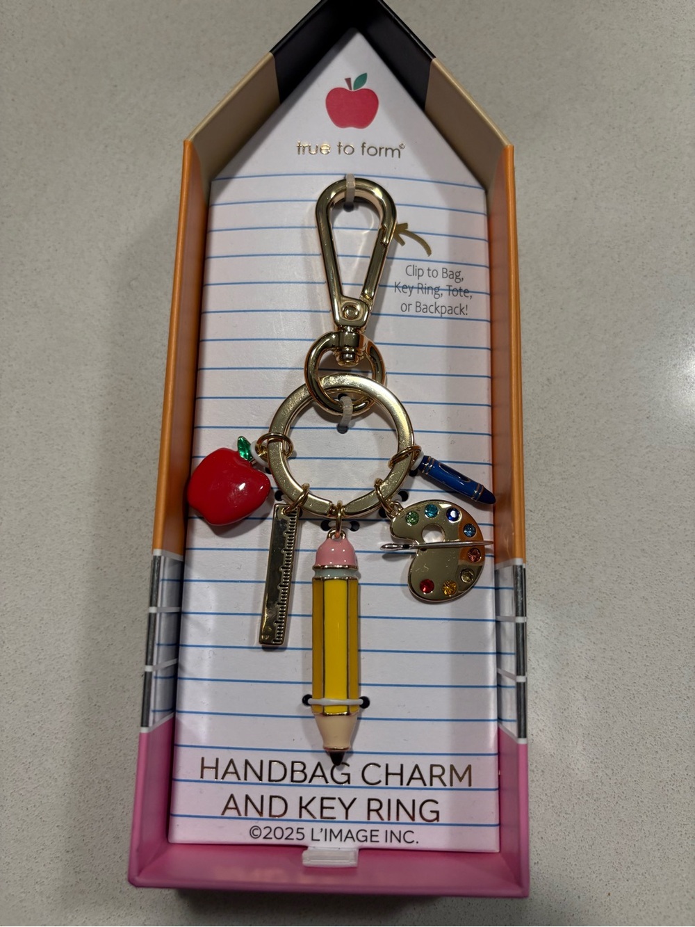 True to Form Gold-Tone School Charm Key Ring with Enamel Pencil & Apple